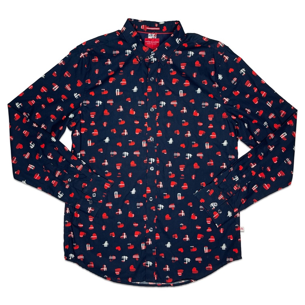 Denim & Flower Navy Blue Red & White Plaid Heart Design Button Up Dress Shirt